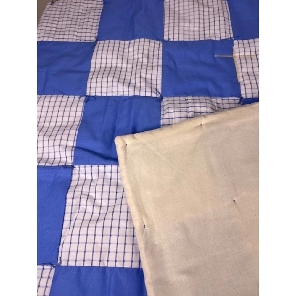 Handmade Blue White Checkerboard Patchwork Quilt Hand Tied Rustic Lap Blanket